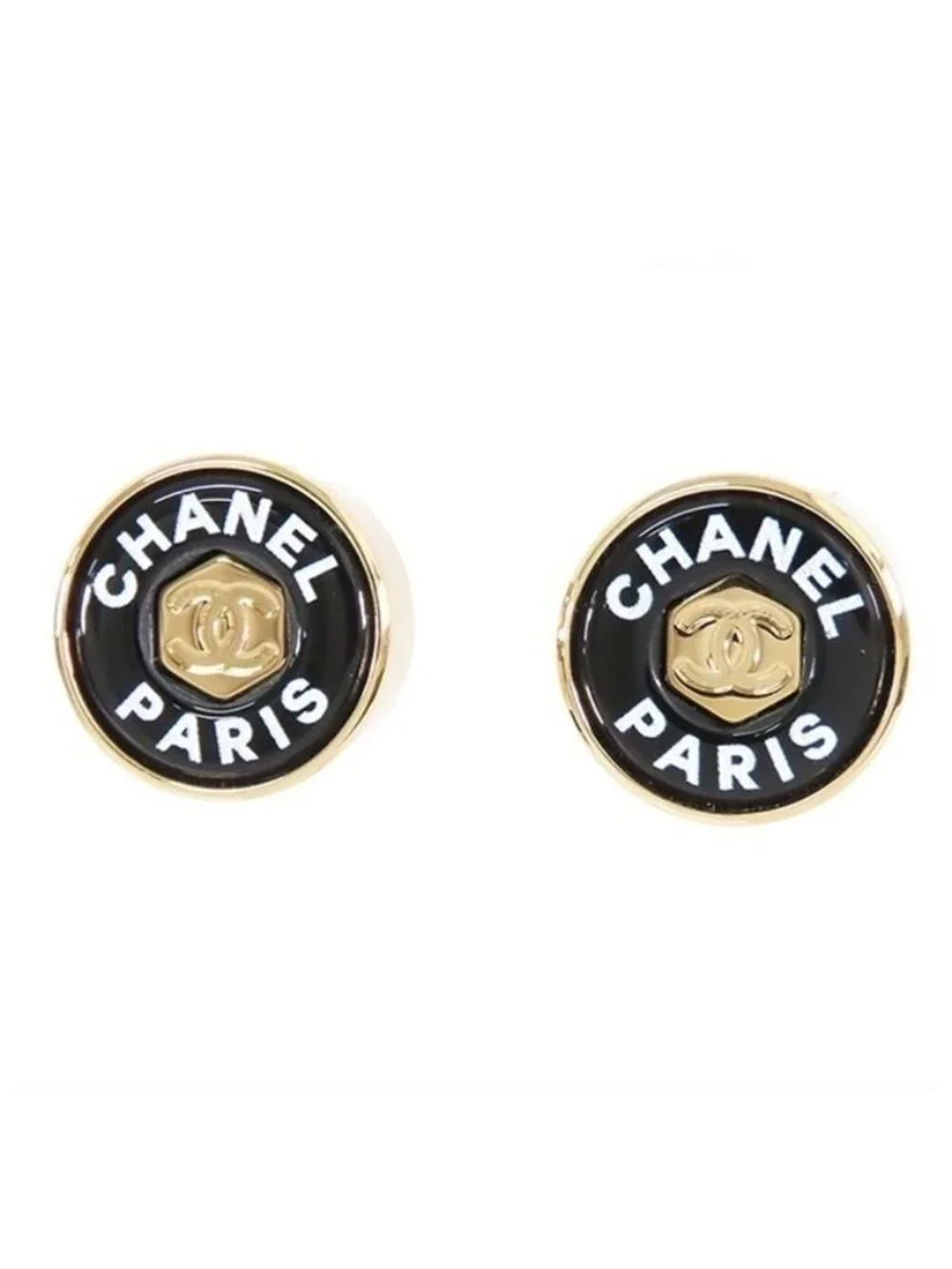 Chanel Earrings Gold Black Metal CC Logo 24c